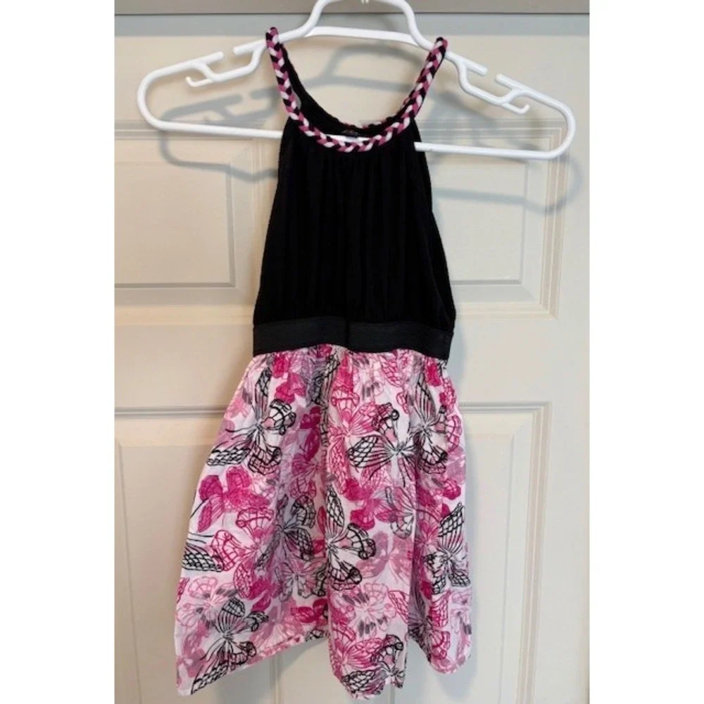 Lilt dress, girls size 7, rope collar, black top, butterfly print skirt